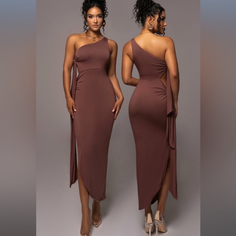 JLuxLabel Chocolate Out of Mind One-Shoulder Brown Dress